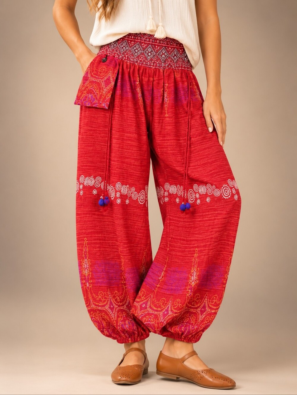Thai Cotton Harem Pants Red Boho Balloon Aladdin Festival Pants